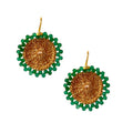 Handcrafted EARRING SOL with gold-filled wire and green gemstone halo, intricate gold-plated detail