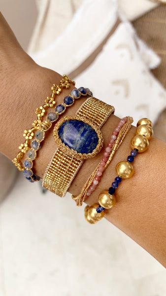 Gold Beaded Handmade Bracelet Cuff with Semi-Precious Stone