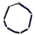 Men's adjustable wooden bead bracelet with blue accents and sterling silver clasp, elegant and rugged.