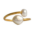 Adjustable gold-plated RING DOUBLE with two freshwater pearls, handcrafted, elegant fashion ring.