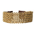 Gold-plated CAP MESH BRACELET with openwork design and soft natural leather caps, adjustable size, luxurious and handmade.