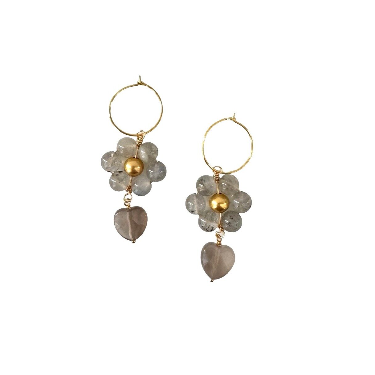 Flower Heart earrings with gold beads and pink semi-precious stones, featuring delicate heart charms