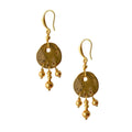 Gold-plated LIZZY Earrings with dangling gold discs and beads, handcrafted, versatile design.