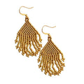 Gold-beaded handcrafted statement earrings with fan-shaped drop, nickel-free hooks.