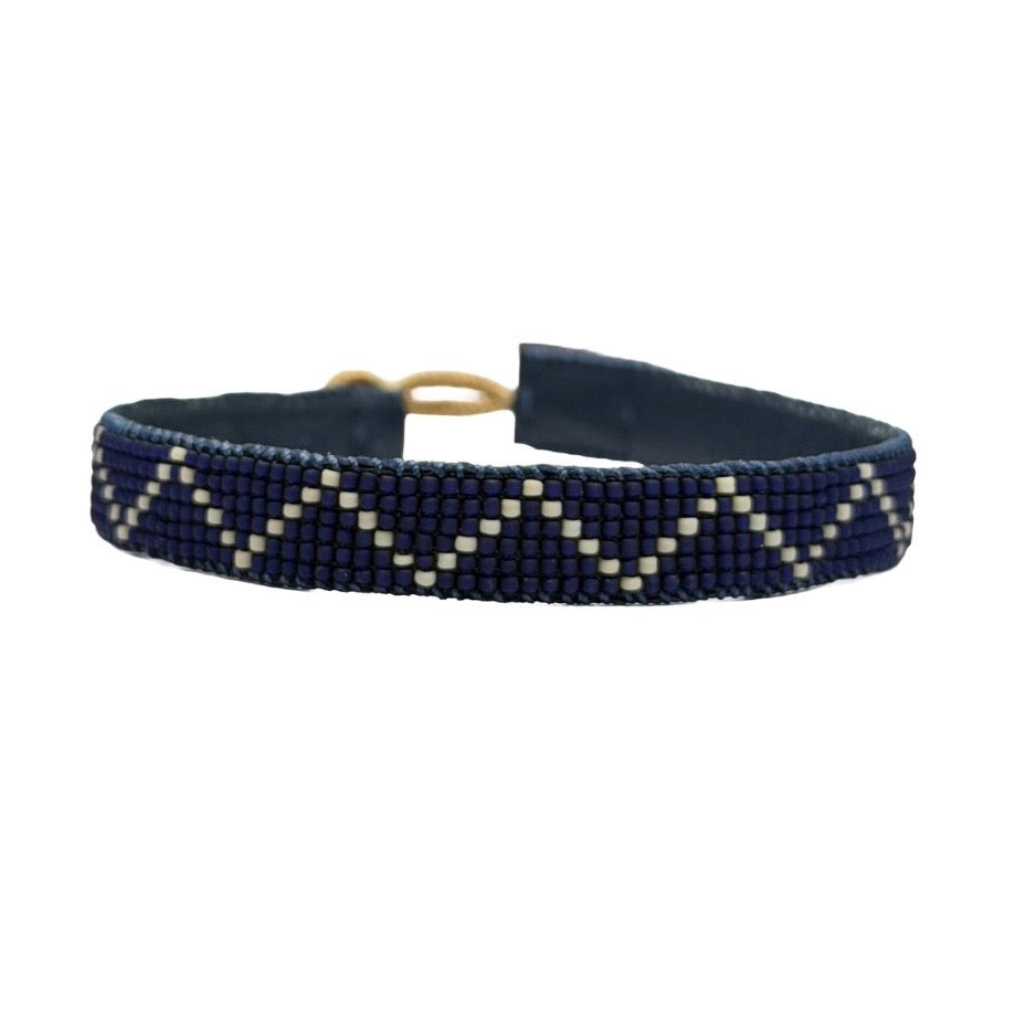 Men's Zig Zag Bracelet in Black/Grey with Glass Beads, Leather Strap, and Sterling Silver Button