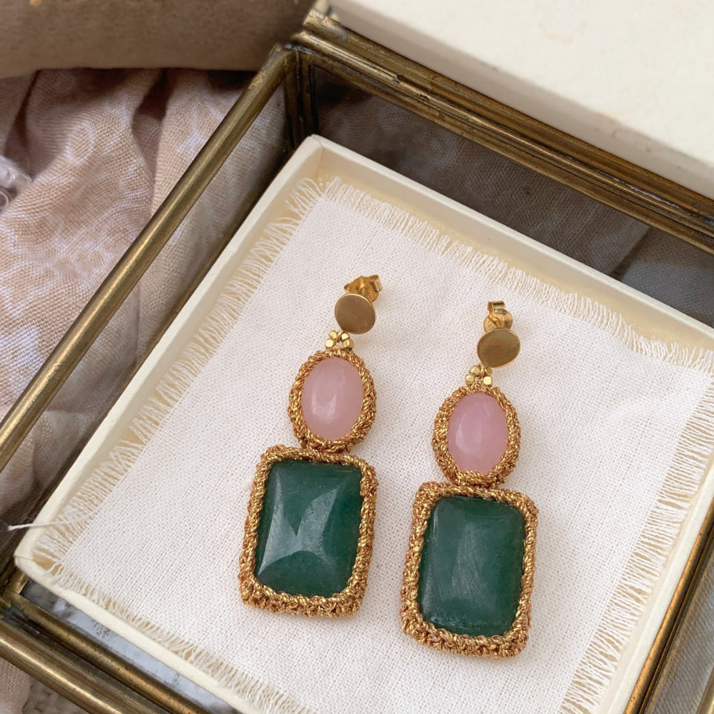 Hand-wrapped red jade earrings with fine gold wire and stud closure — IBU Jewels