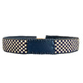 Handcrafted men's mesh loom bracelet in blue leather with glass beads and silver button.