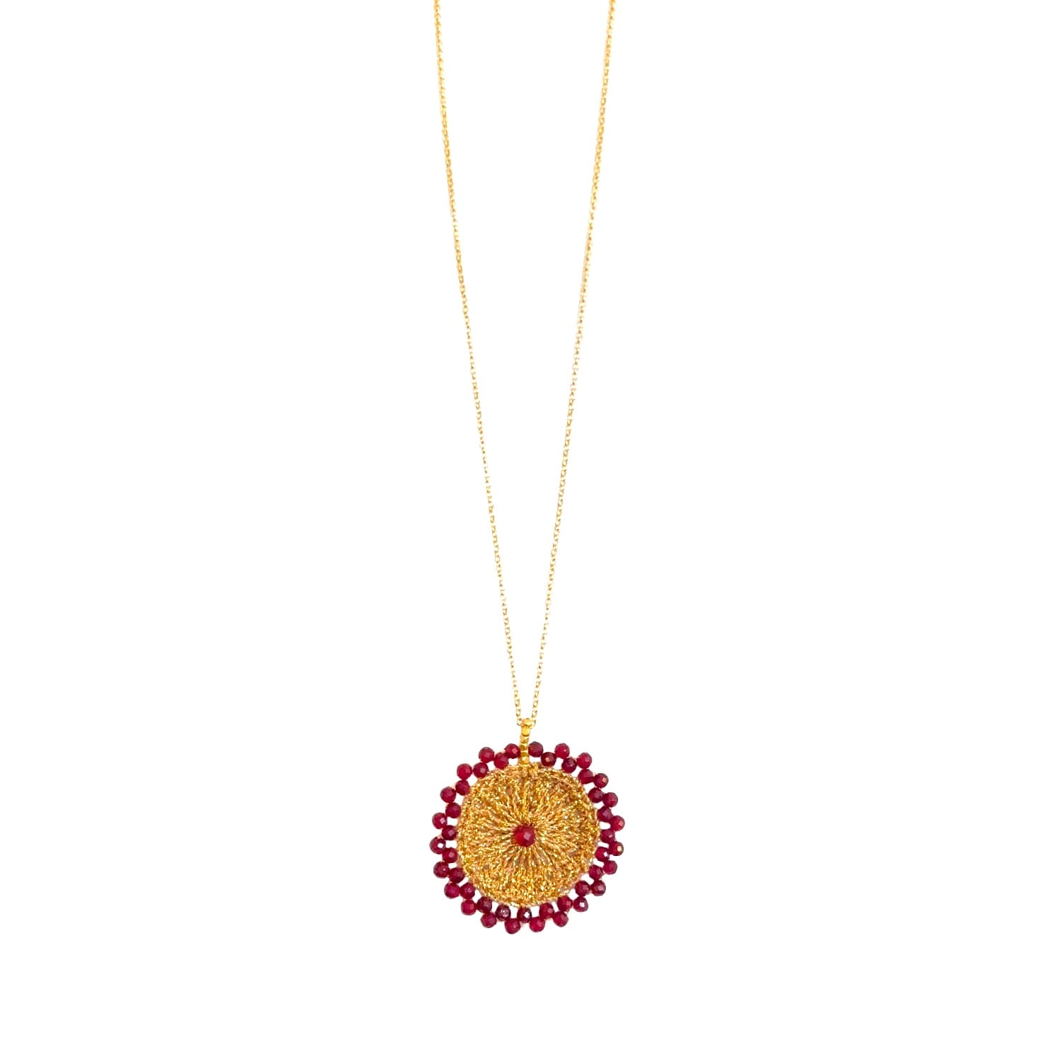 Elegant NECKLACE POSH with gold wire floral pendant and semi-precious stone halo, 65 cm length