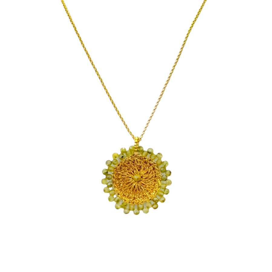 Gold wirework posh necklace with semi-precious stone halo and adjustable macrame closure.