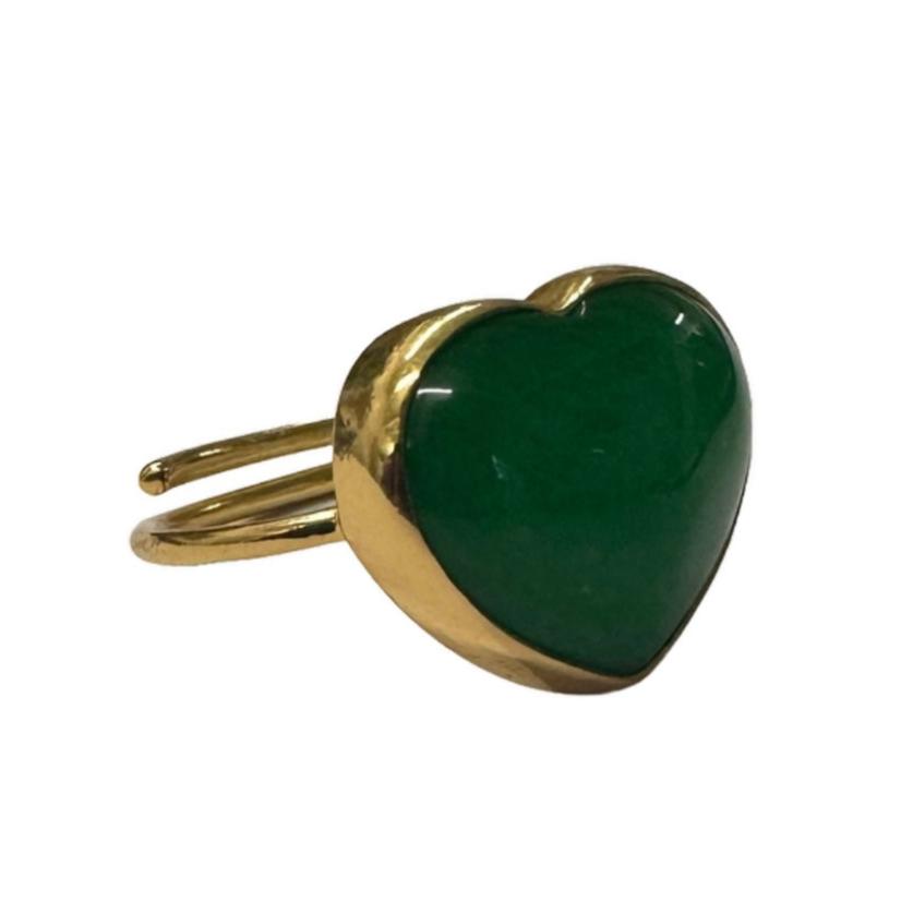 RING BIG HEART GREEN JADE