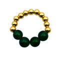 RING BO gold-beaded ring with large green semi-precious stones, handcrafted, stretch-fit design